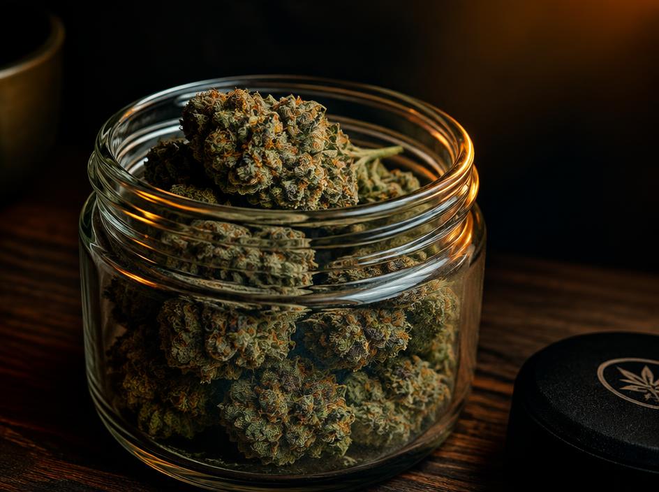 Craft cannabis flower curing in a glass jar